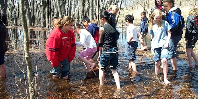 School group wading in lowlands