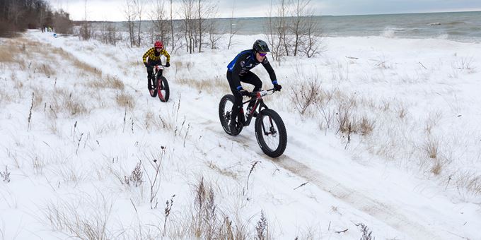 Shelltrack Fat Bike Race in Manitowoc, Wis at Silver Creek Park Dec 2017 as part of the Snow Crown Wisconsin Fat-Bike Race Series.