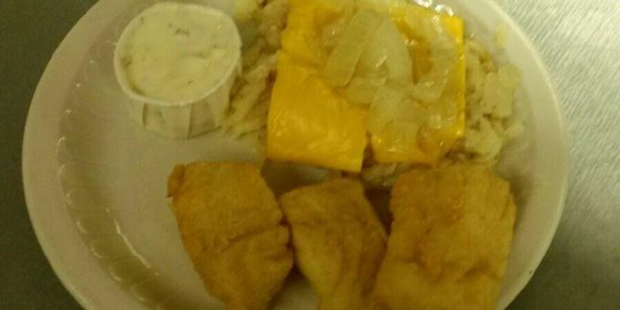 Dry batter cod, hash browns with cheese &amp; onion and salad bar on Friday nights.