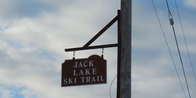 The sign from the road heading out of Jack Lake Ski Trail.