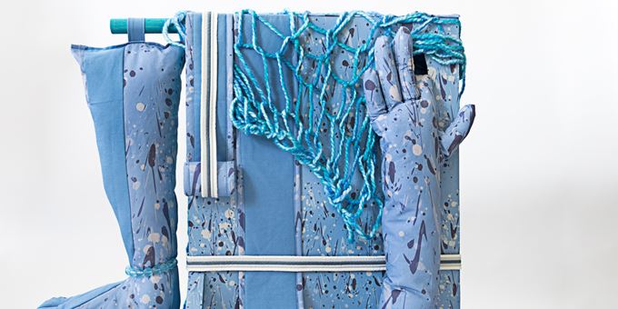 Jade Yumang, Cornwall Blue No. 733, 2020; archival ink on cotton, wallpaper, cotton, batting, fiberfill, wool, acrylic, dye, basswood, oak, and hardware; 24 1/4 x 37 x 37 in.