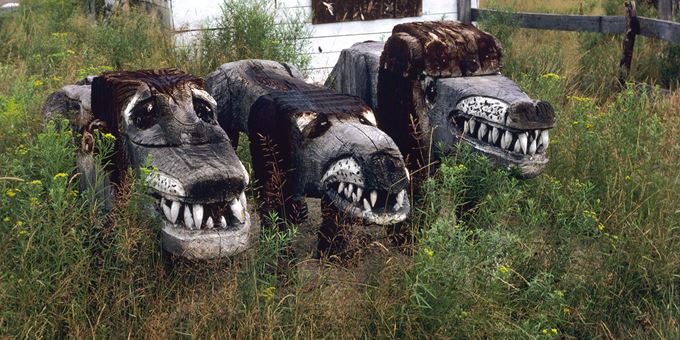 Bernard Langlais, untitled (Three Lions) (in situ), c. 1976–1977; wood, paint, and metal; dimensions variable. John Michael Kohler Arts Center Collection, gift of Colby College and Kohler Foundation Inc.