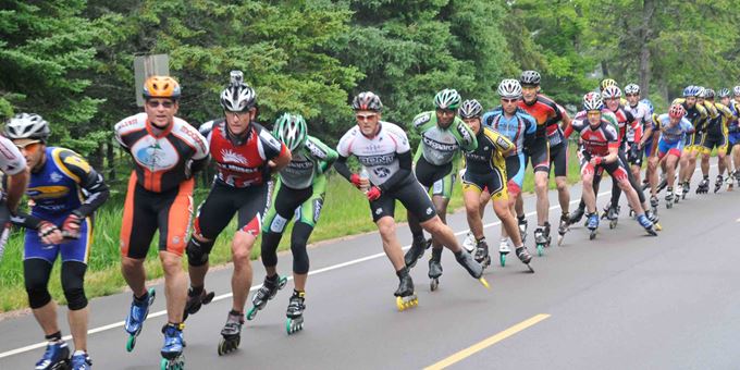 Skaters are allowed to use cross-drafting in the Apostle Islands Inline race held on Madeline Island in Ashland County.