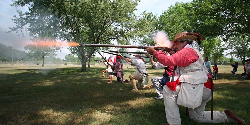 Riflemen fire during the annual battle re-enactment