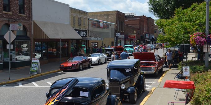 Hot rods and classic cars line Main Street during the 2019 Car Cruze held in conjunction with River Falls Days.