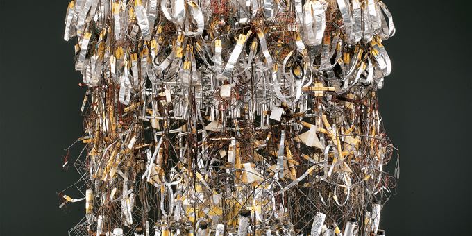 Emery Blagdon, The Healing Machine (untitled individual component), c. 1955–86; wire, tin foil, mixed media; 82 x 38 x 38 in. John Michael Kohler Arts Center Collection, gift of Kohler Foundation Inc.