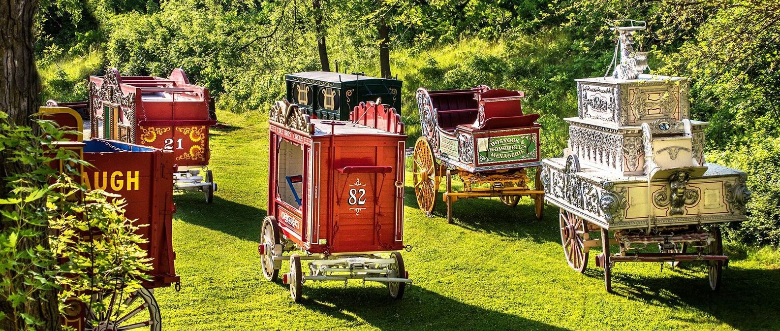 A few of the priceless circus wagons featured in Baraboo's Big Top Parade return to the Circus World grounds.