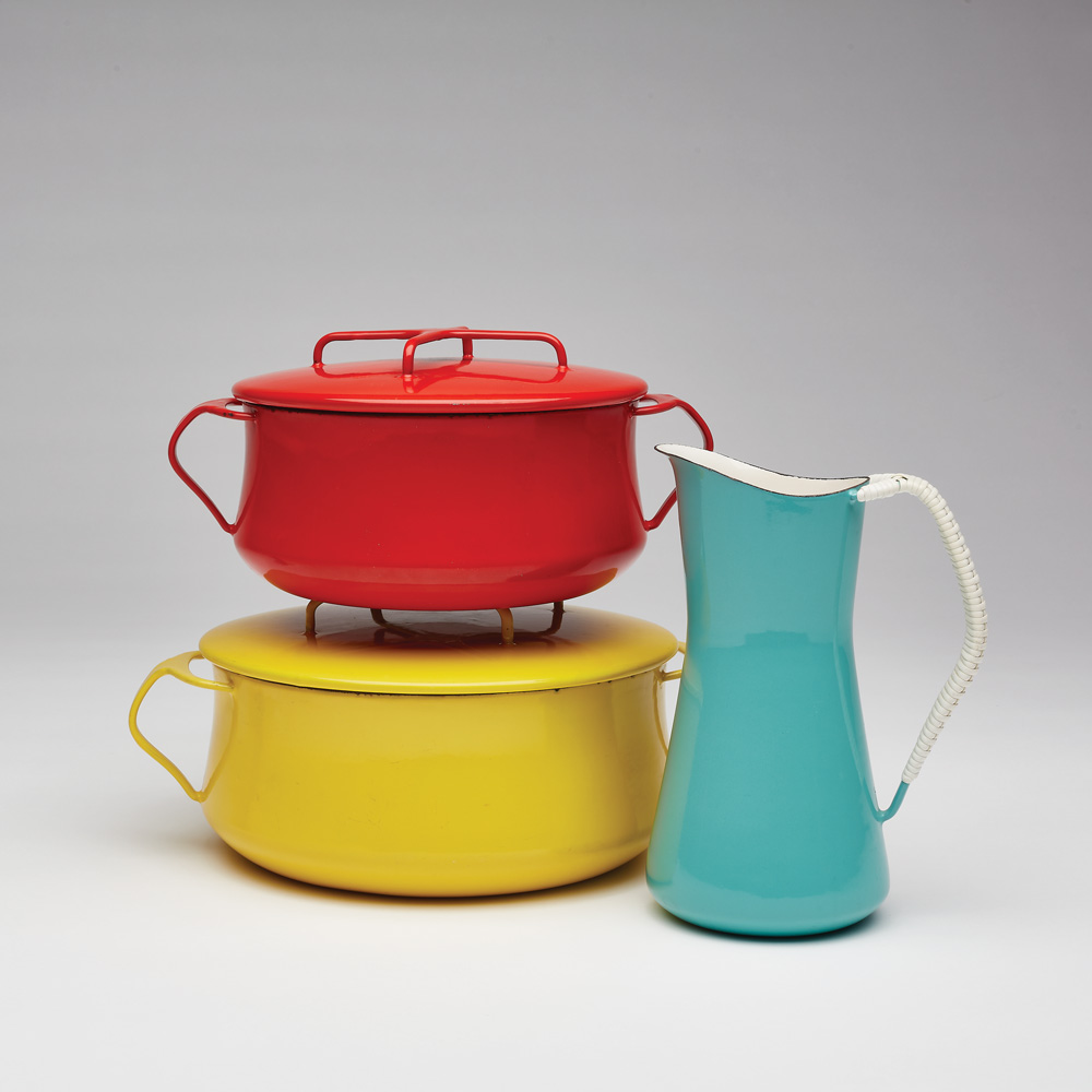 Jens H. Quistgaard for Dansk Designs, Kobenstyle casseroles and pitcher, 1955. 5 1/8 × 11 1/2 × 9 in. Private collections. Photo by John R. Glembin.
