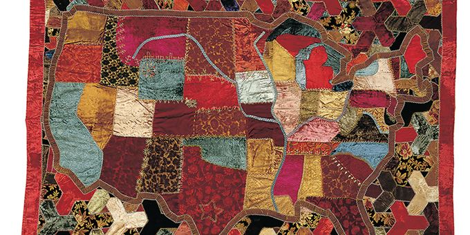 Artist unknown (Virginia), Map Quilt, 1886, silk and cotton velvets and brocade with embroidery, 78 3/4 x 82 1/4 in.; image courtesy of the American Folk Art Museum; gift of Dr. and Mrs. C. David McLaughlin