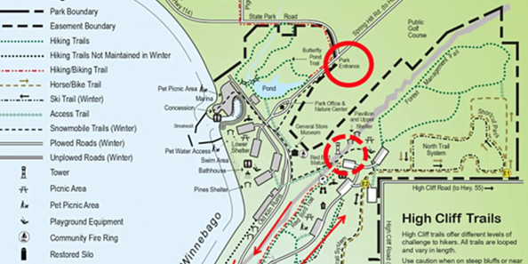 Please note: Park entrance marked in solid red; parking and meeting area in dotted line. WI State Park Pass Required.