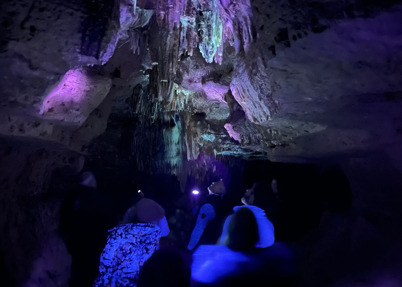 Guests are in awe of the glowing formations on a Blacklight Tour in Cave of the Mounds