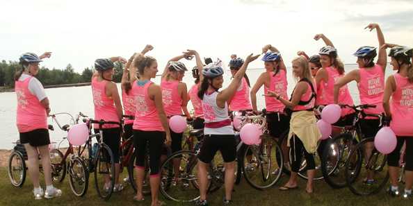 A group of bridesmaids takes part in the Superior Vistas Bike Tour.