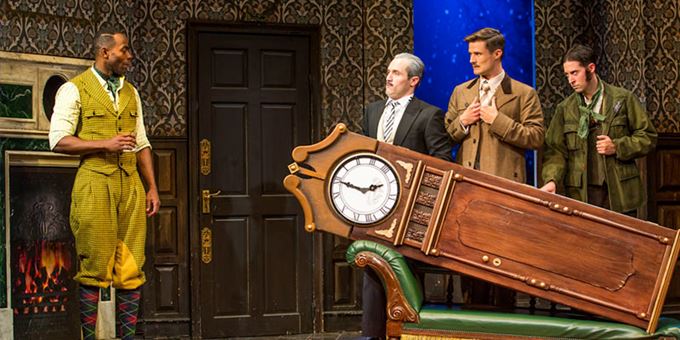 Clifton Duncan, Harrison Unger, Mark Evans, Alex Mandell in the Olivier and Tony Award winning production of The Play That Goes Wrong, co-written by Mischief Theatre company members Henry Lewis, Jonathan Sayer and Henry Shields, directed by Mark Bell. On Broadway at the Lyceum Theatre (149 West 45th Street)