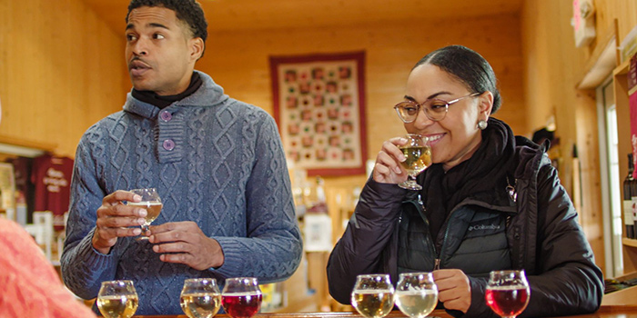 A couple participating in a wine tasting