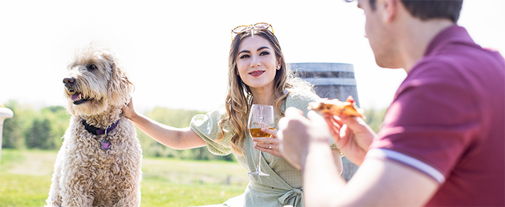 Couple enjoying a picnic outside with their dog in green county