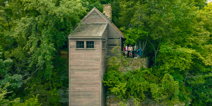 Zoomed out view of larger wooden tower at tower hill state park