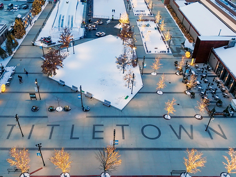 arial view of the titletown district