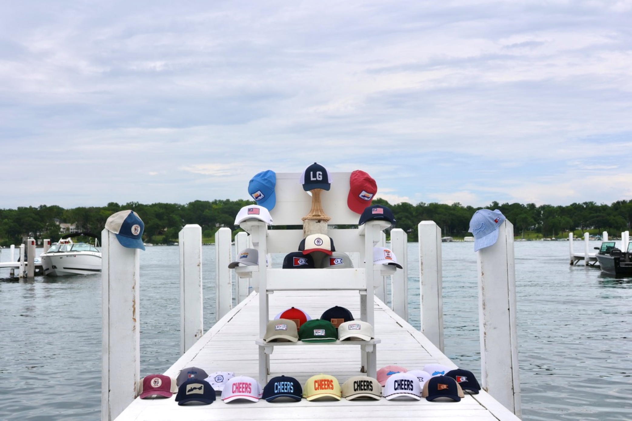 Display of hats on a pier on Geneva Lake.