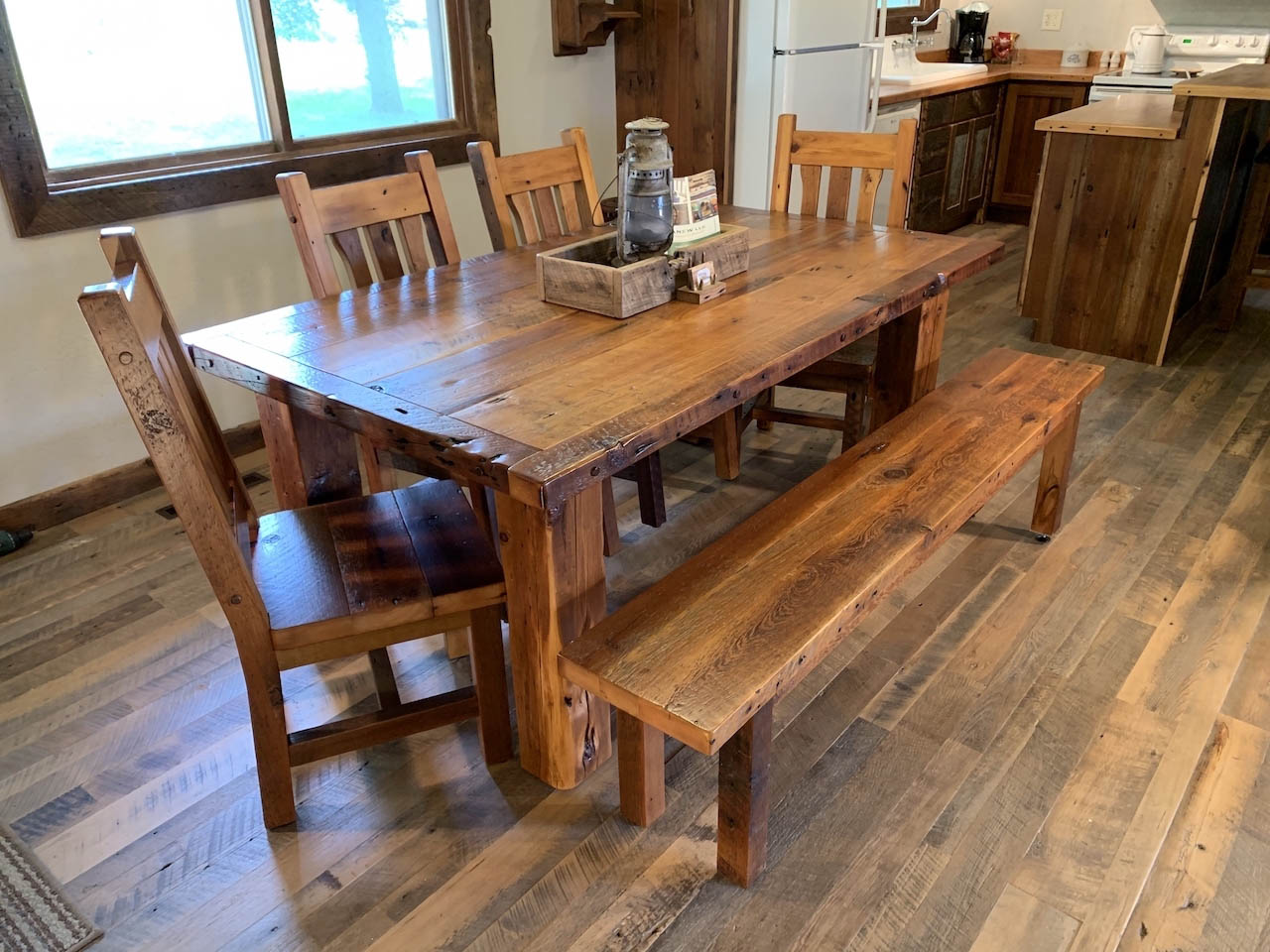 This popular dining set inspired many custom orders. Yes we CAN make a longer one or a wider one or with two benches or with a different top!