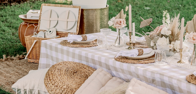 Set up for a picnic in a park.