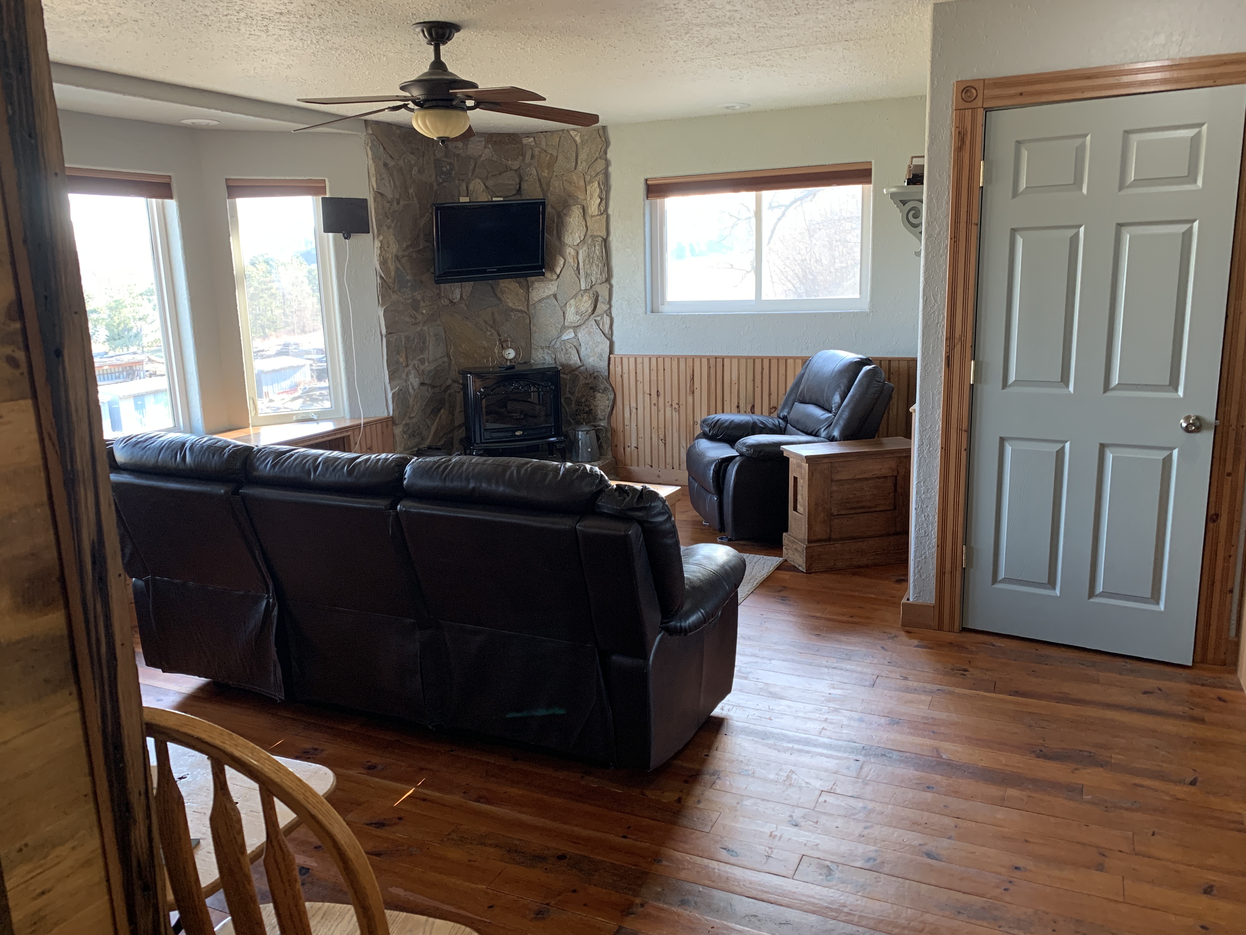 Reclaimed pine floors &amp; other wood features reclaimed from a granary that was on the farm.