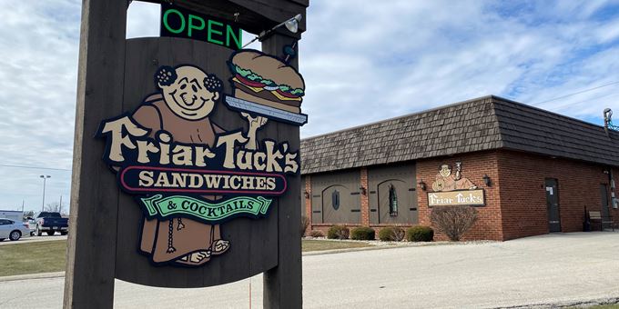 Friar Tuck&#39;s Manitowoc open sign and restaurant