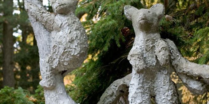James Tellen Woodland Sculpture Garden (site detail, bears and tree post, Black River, Town of Wilson, Wisc.), c. 1942-1957; John Michael Kohler Arts Center Collection.
