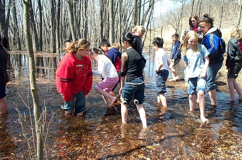 School group wading in lowlands