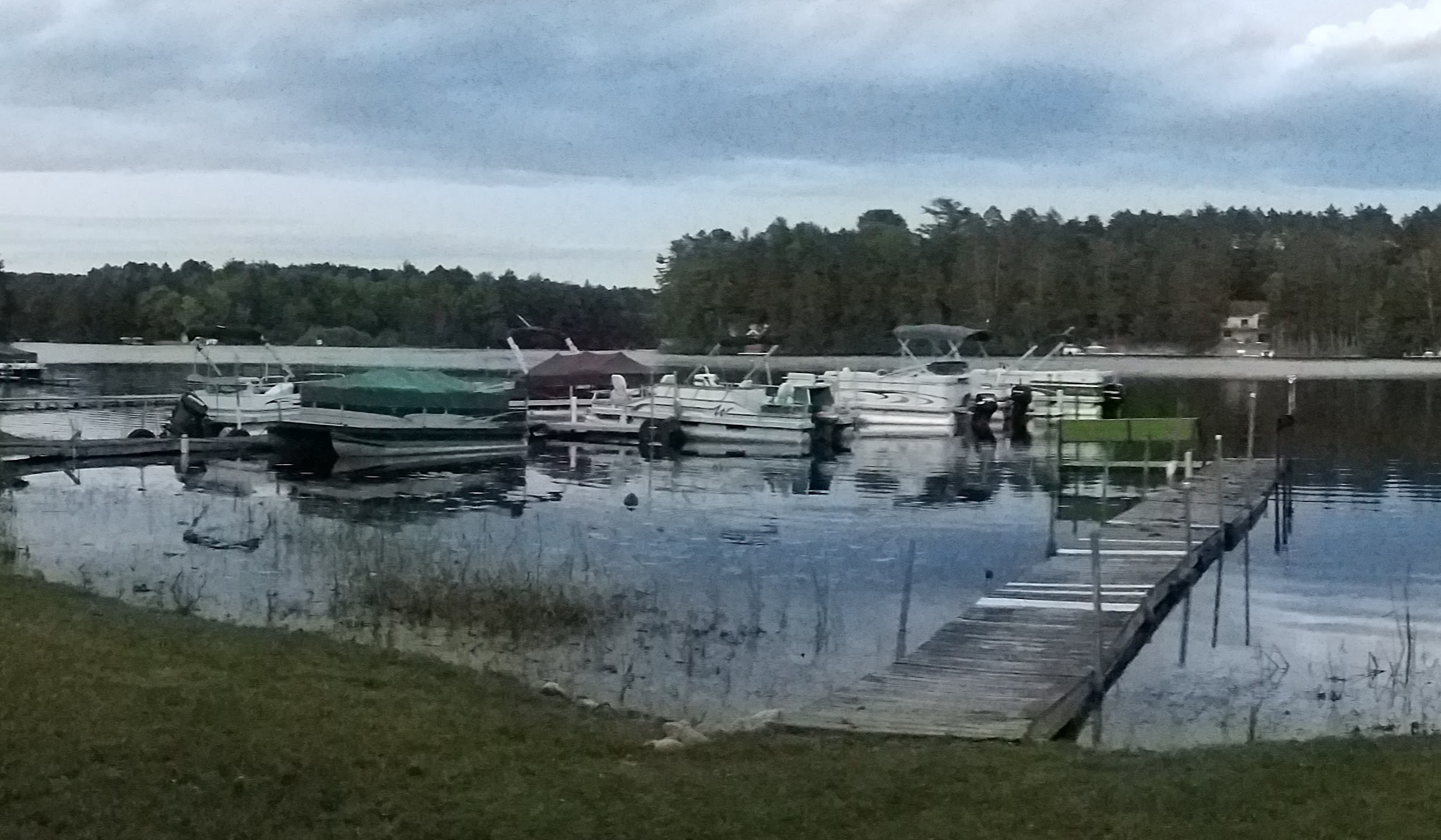 A peaceful lakeside marina with several pontoon boats docked along wooden piers. The water is calm, reflecting the cloudy sky above, and a tree-lined shoreline stretches across the background. A green bench sits at the end of the nearest dock.