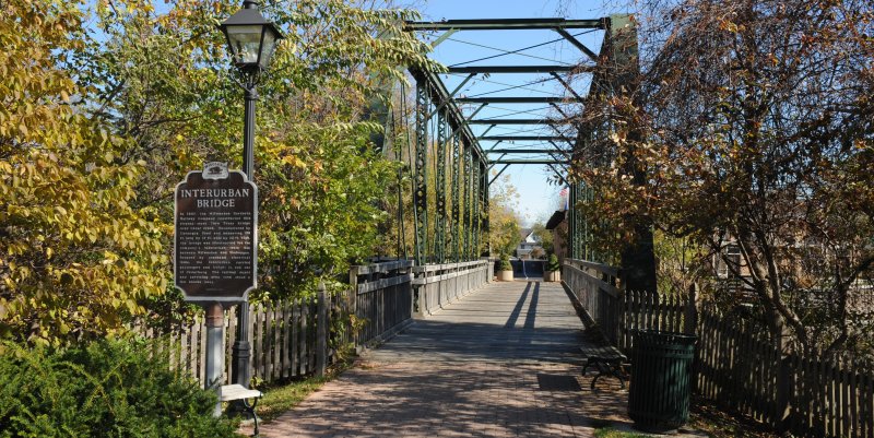 The Interurban Bridge crosses the creek in the center of historic downtown Cedarburg.