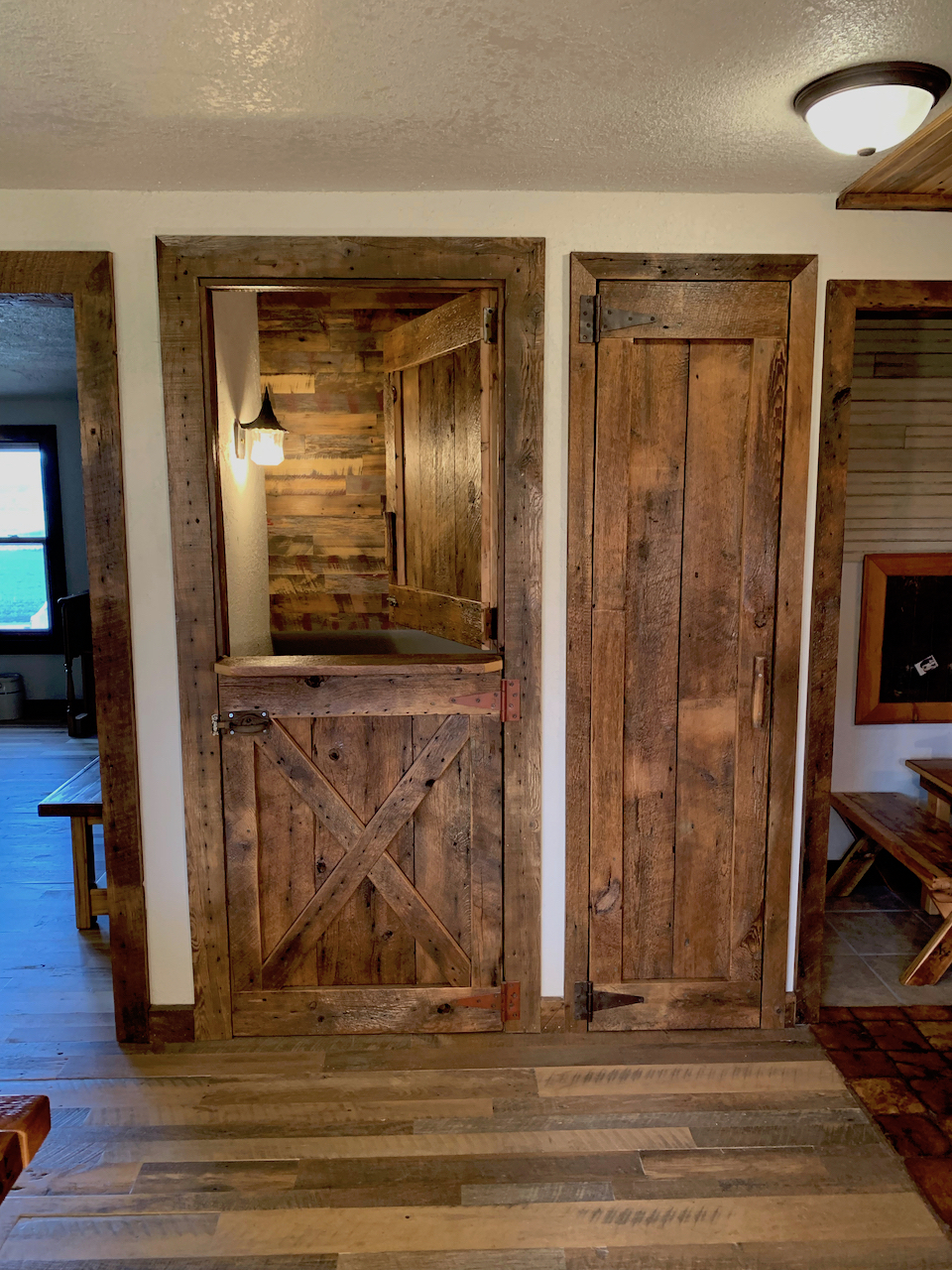 Two examples of the many barn-style doors we make for our customers. Need a sliding barn door? Pocket door, etc.?  You can choose your wood and your style!