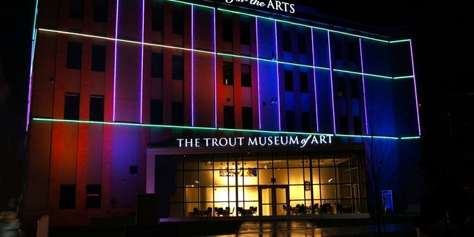 Street view of the Fox Cities Building for the Arts and The Trout Museum of Art with light installation by nationally renowned artist, Sandy Garnett.