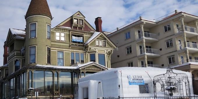 The Ice Bar sits in front of The Baker House in their lakefront gardens.