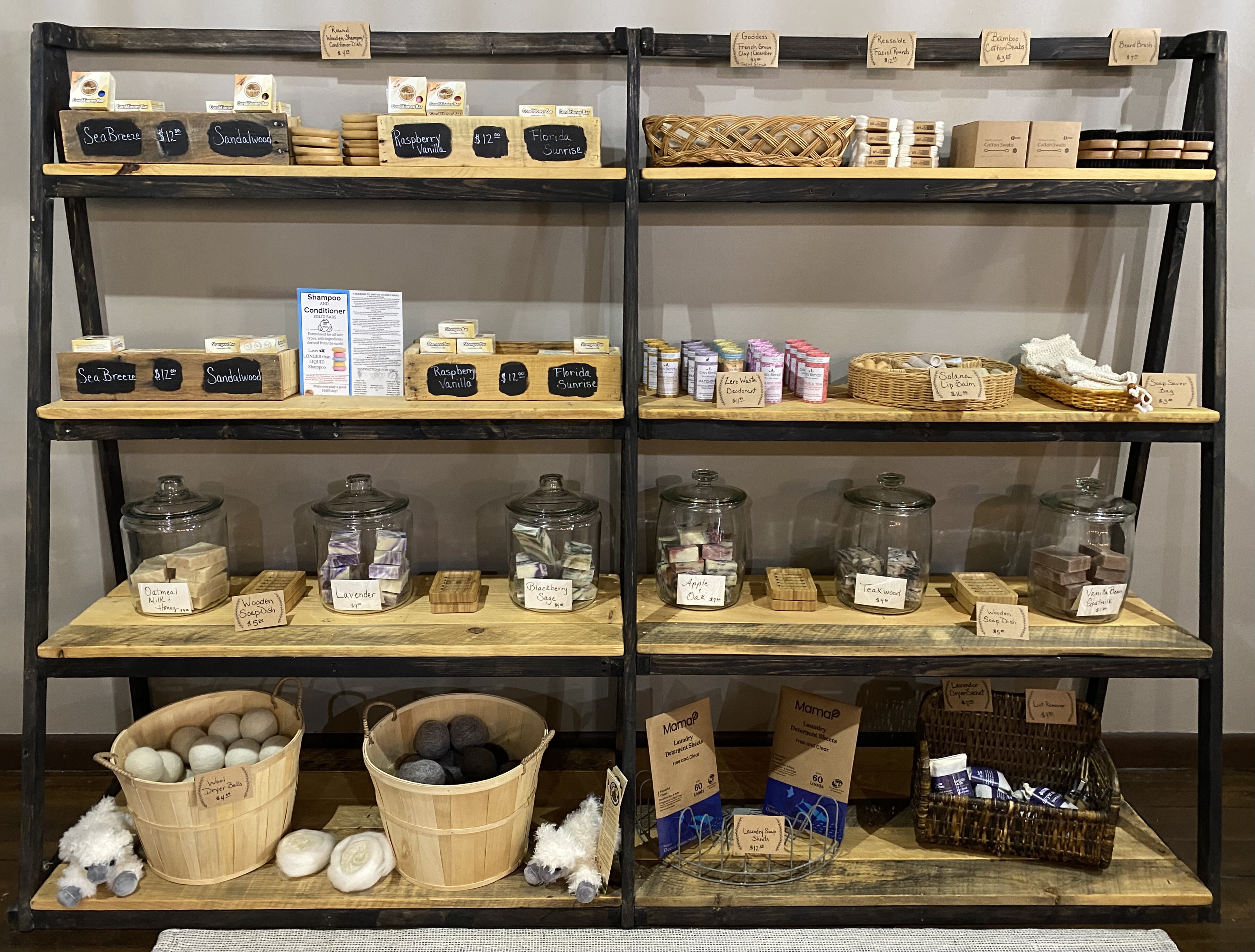 shelf of products at Basil's Sustainable Goods in Manitowoc