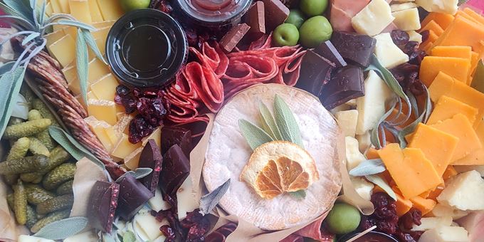 Colorful charcuterie platter at Noble Rind Cheese
