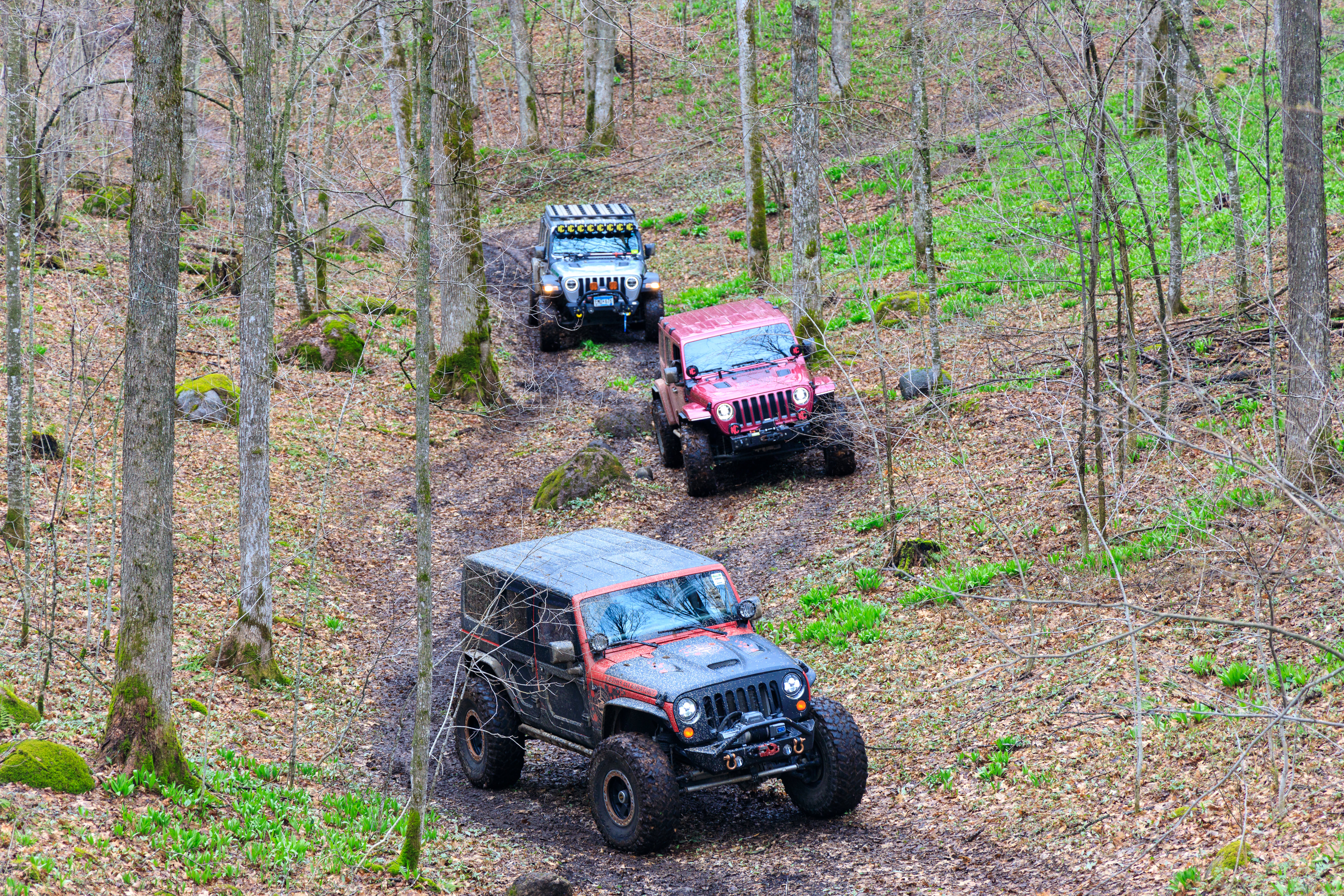 Jeeps in action on Langlade County’s Off-Highway Motor Vehicle Trails during the Midwest Women’s Offroad Weekend — a powerful, women-helping-women offroad and overland camping adventure!