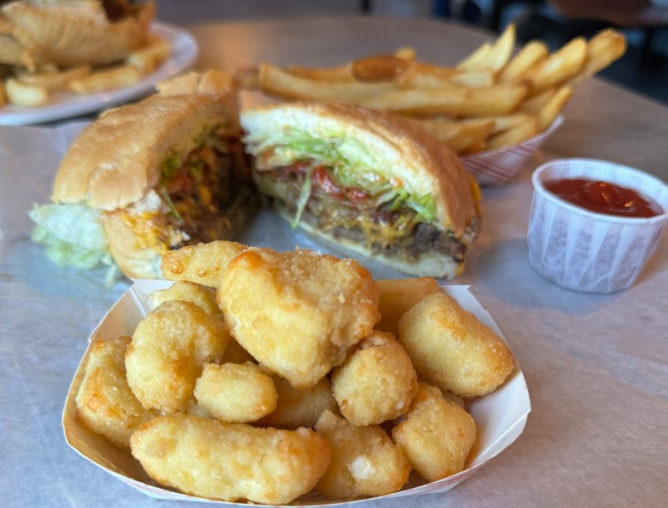 cheese curds and burger