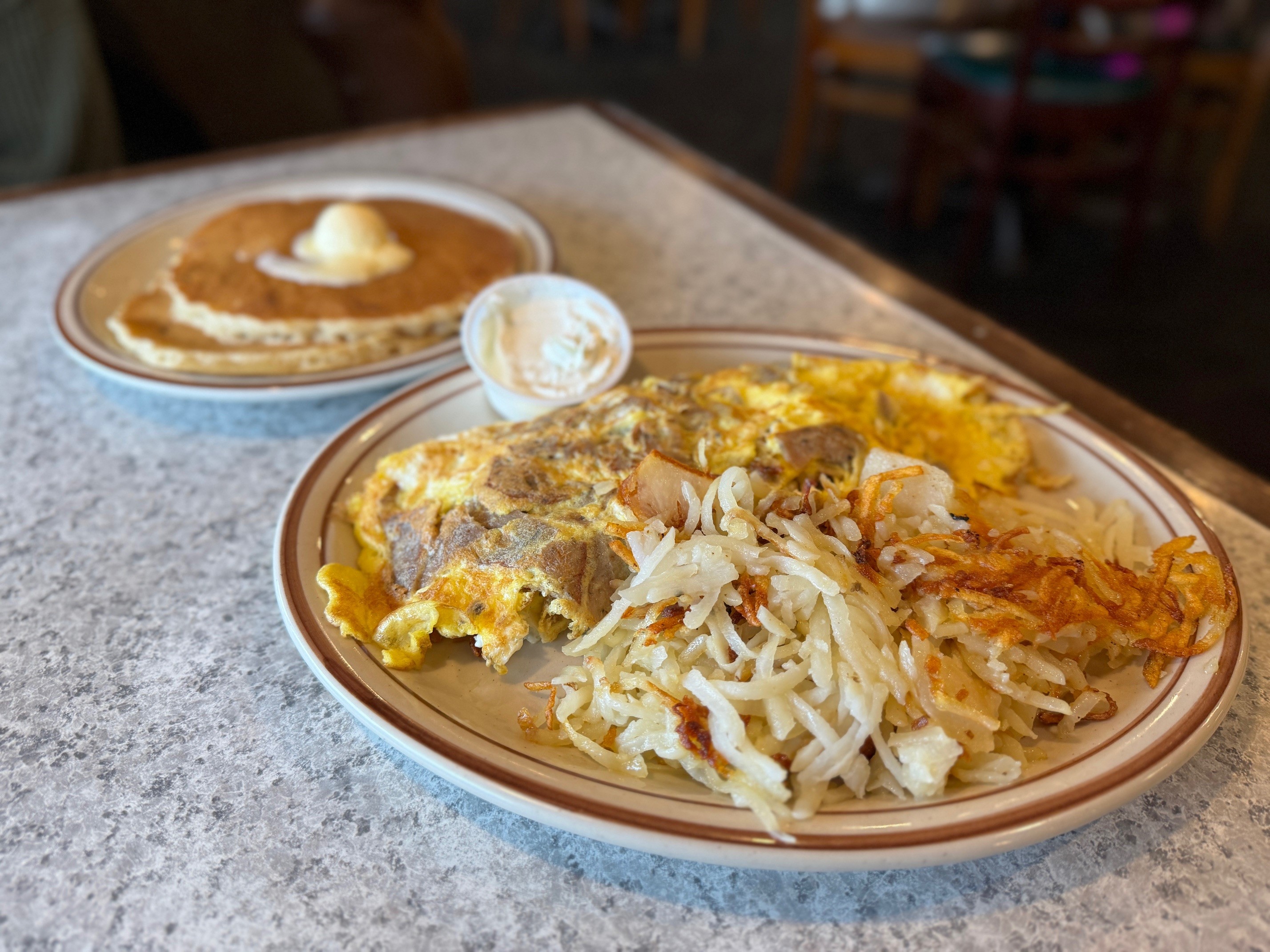 Four Seasons gyro omelet and pancakes