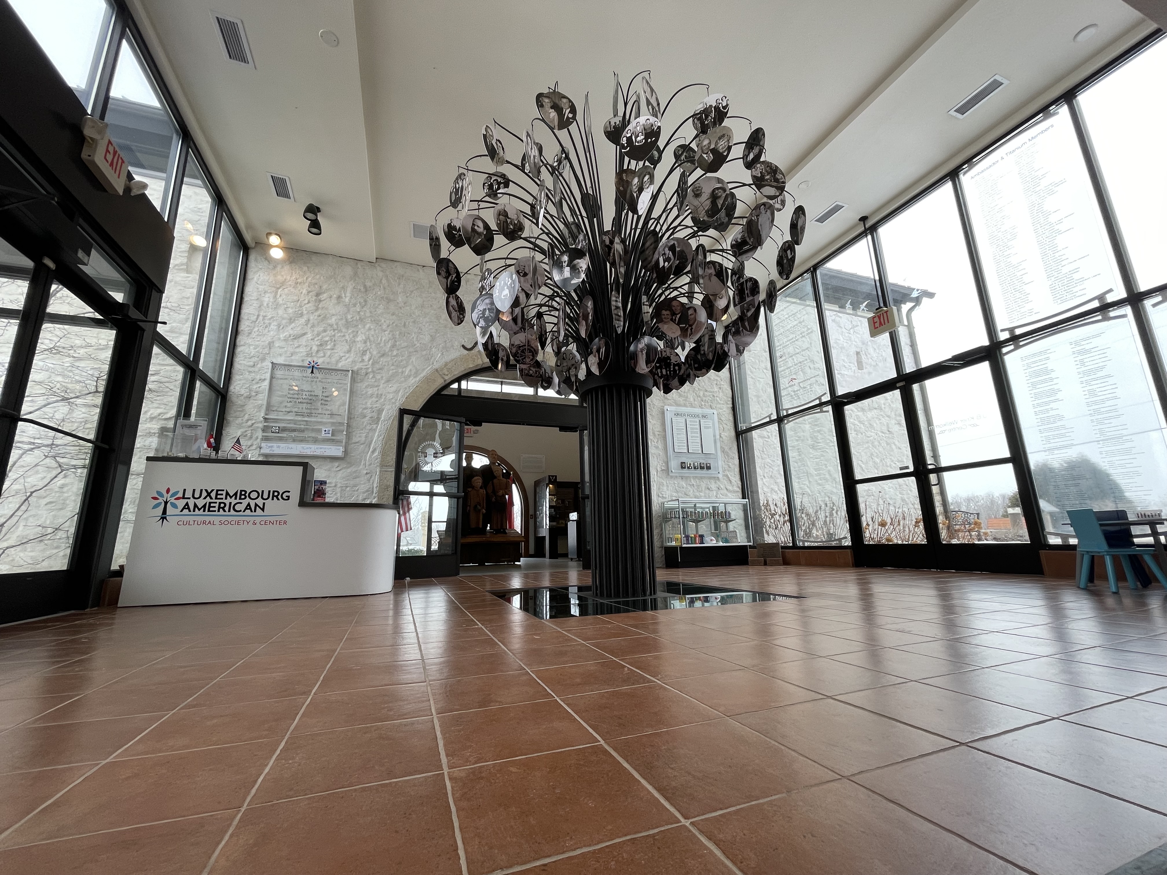 The Luxembourg American Family Tree Sculpture in the Cultural Center's "J. B. Krier Wellkomm Centre.  The Family Tree was sculpted in Luxembourg and a donation from the people and government of Luxembourg