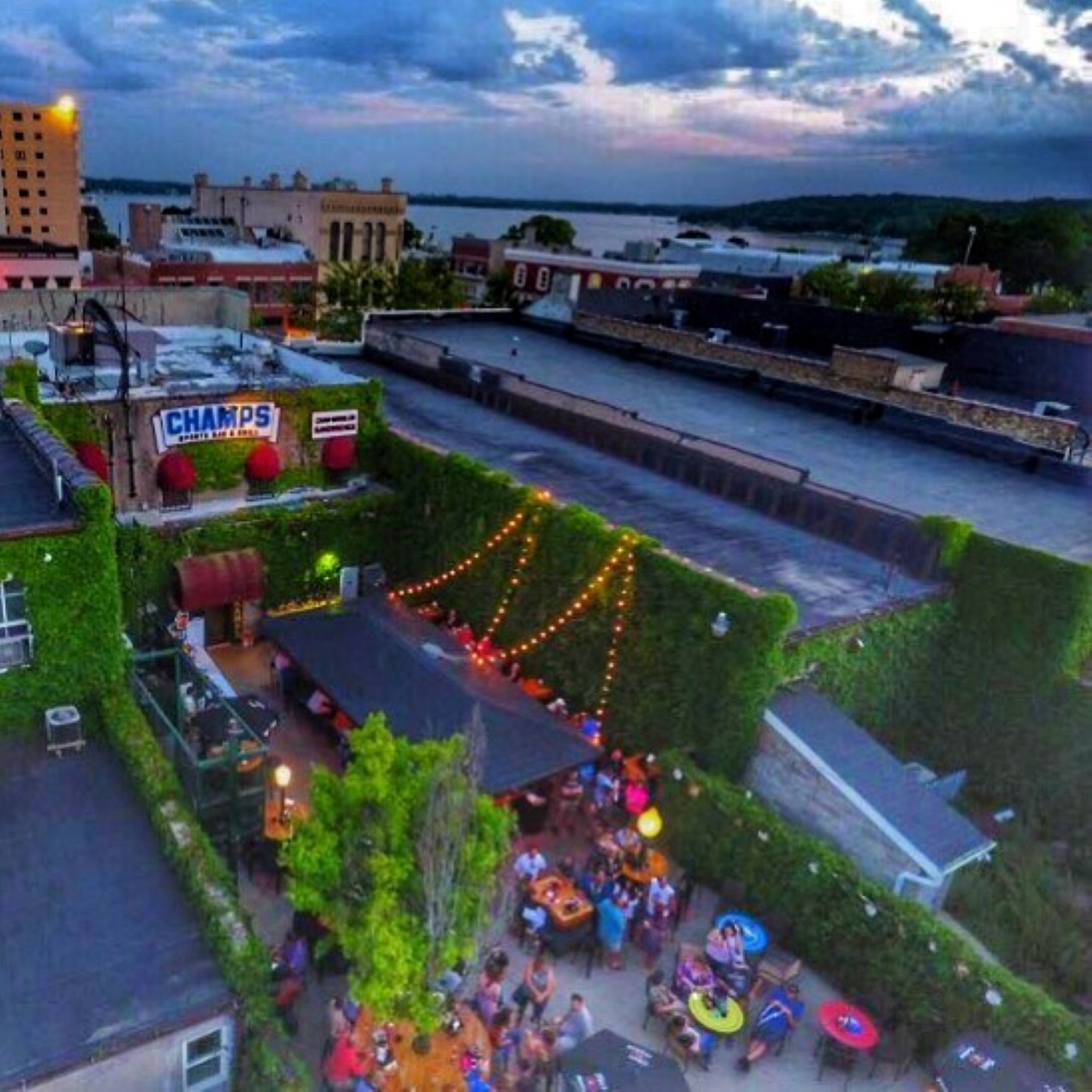 Night time in the beer garden at Champs