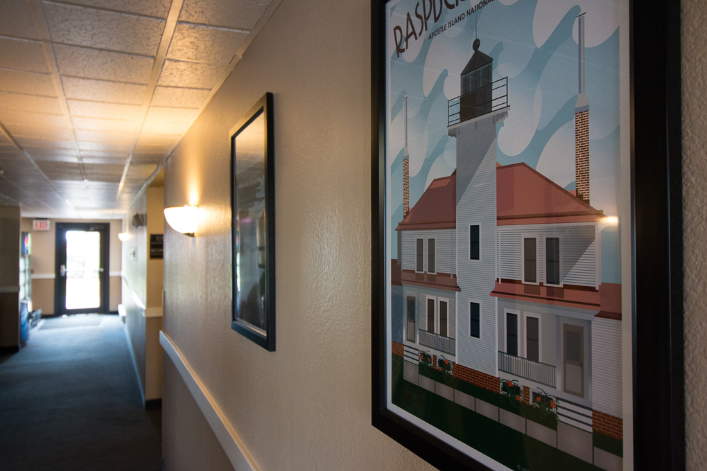 Hallway with artwork at the hotel.