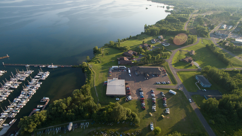 Overhead view of the hotel and event center.