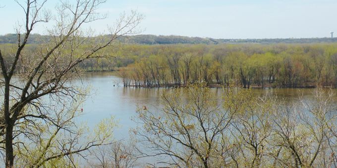 The springtime view of the Mississippi River and Prescott Island from Freedom Park