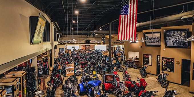 Aerial view of the showroom floor filled with assortment of motorcycles at Harley-Davidson of Madison