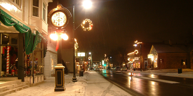 The clock shown here replaces the original clock that was knocked over by a team of runaway horses.