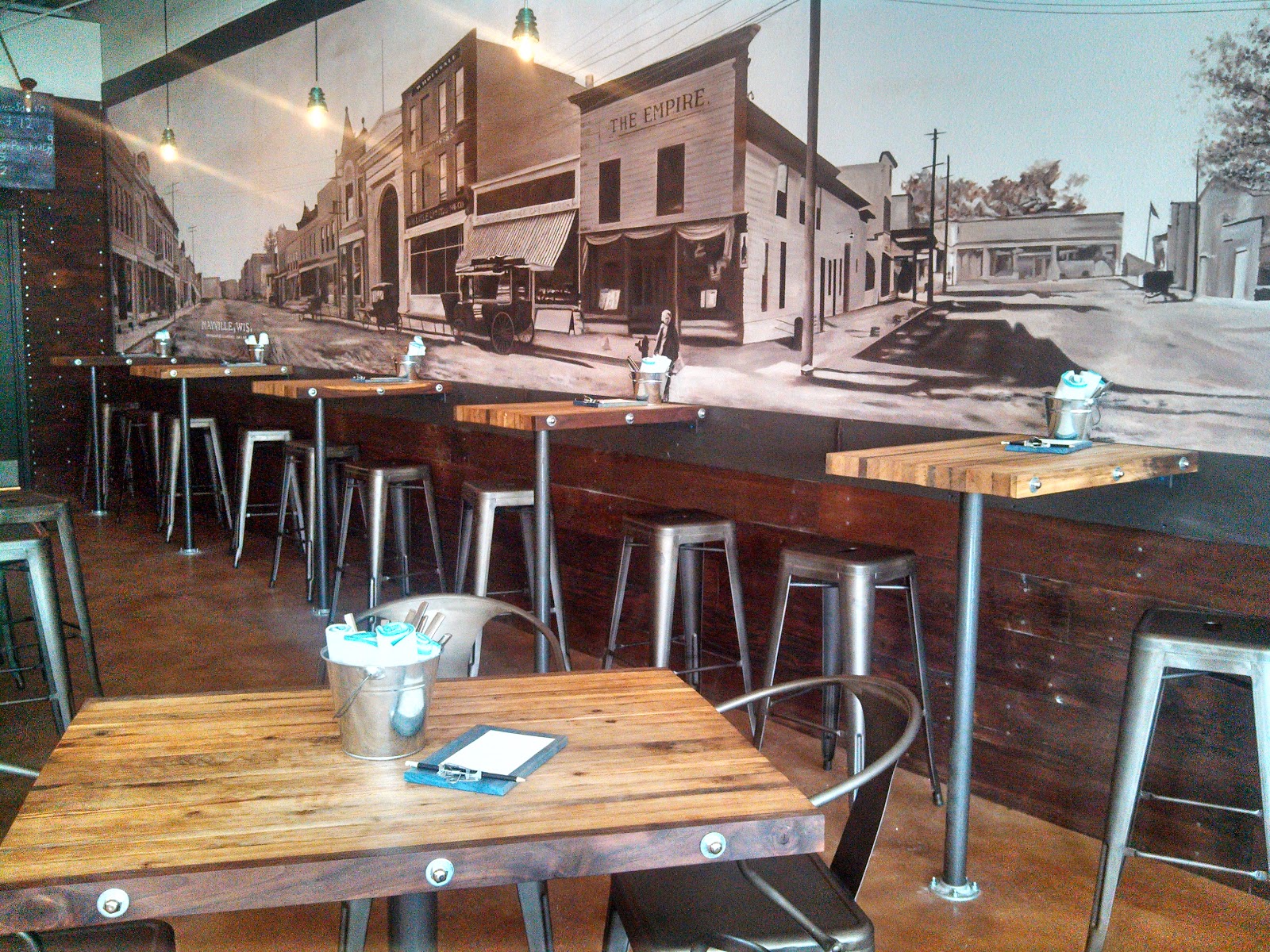 Make sure you check out the Mayville Mural Wall inside the eating area!