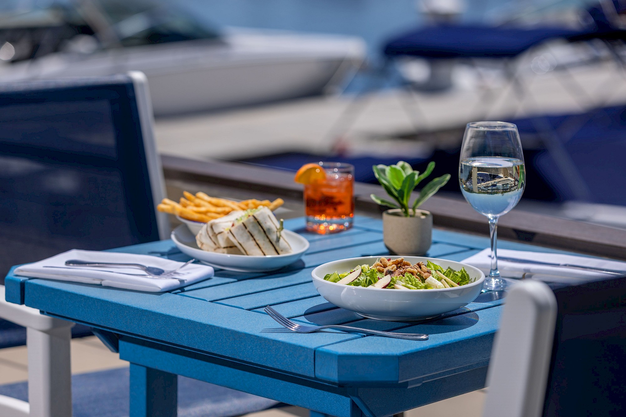 Table with food on the patio at The Waterfront.