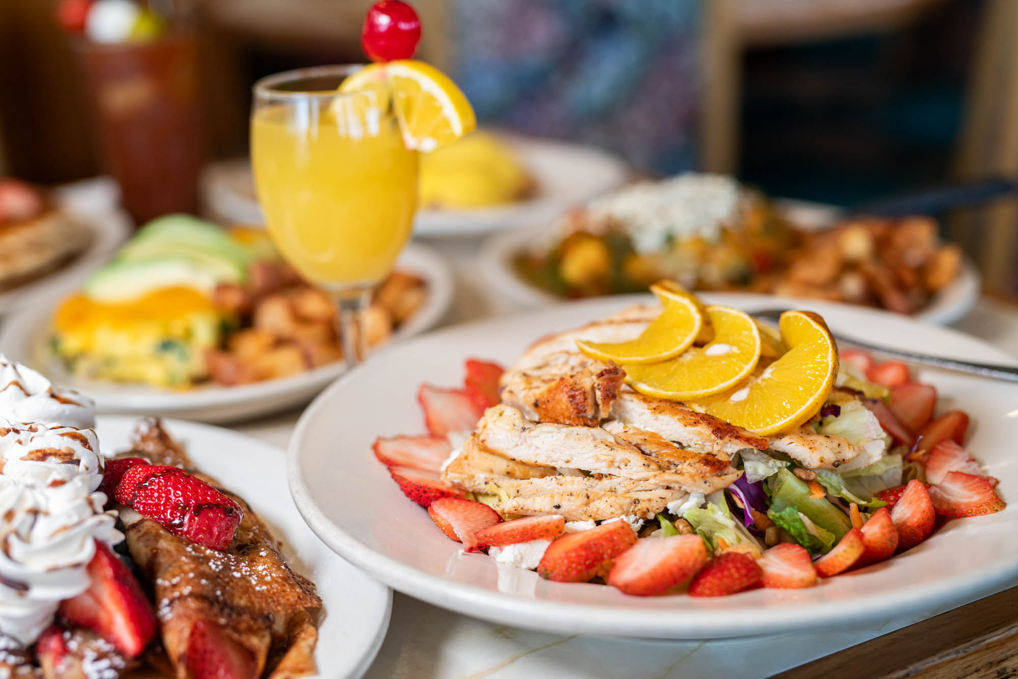 salad, french toast and orange juice