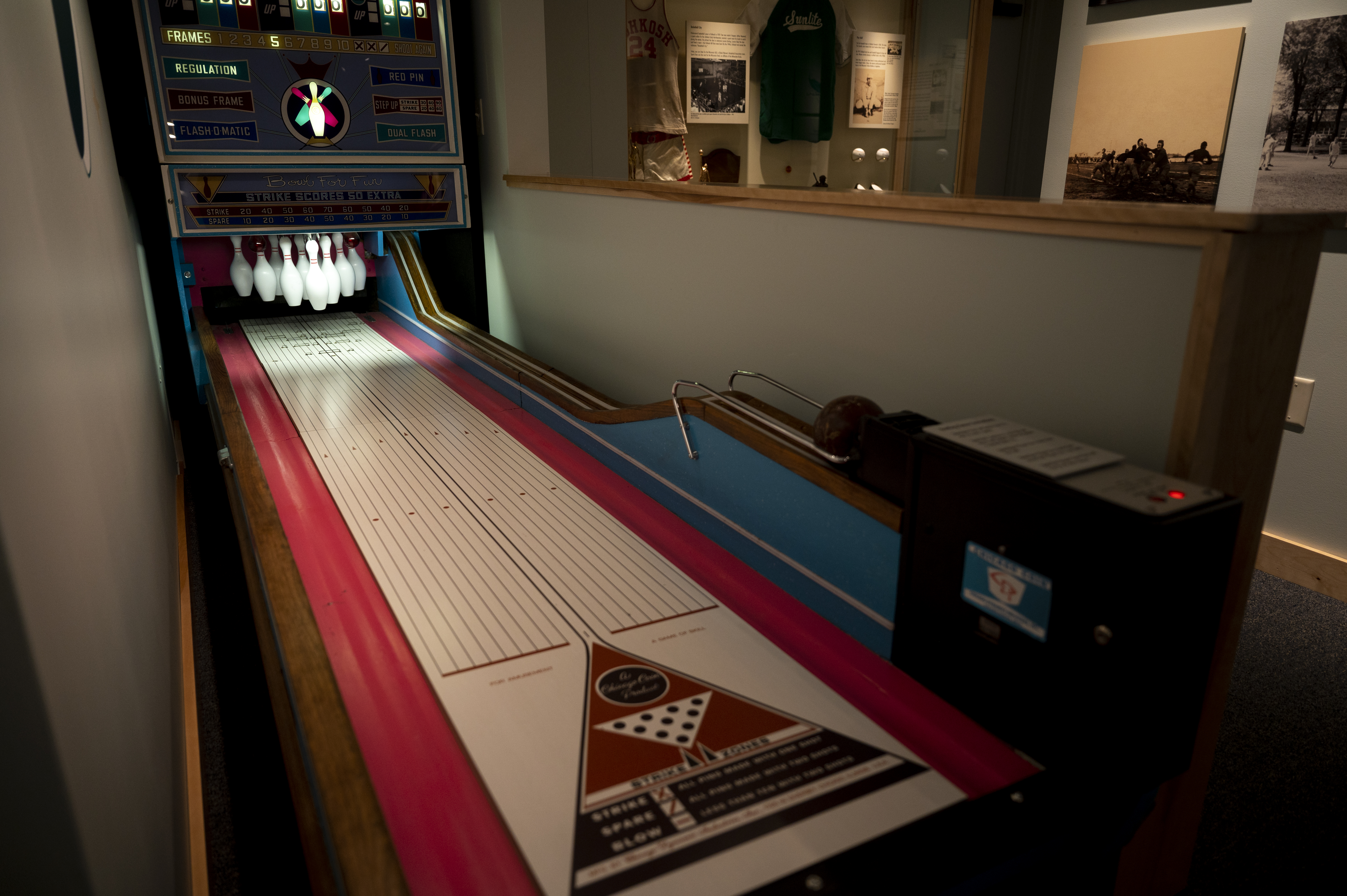 Image of a vintage bowling machine inside the Museum's exhibition This Is Winnebagoland.