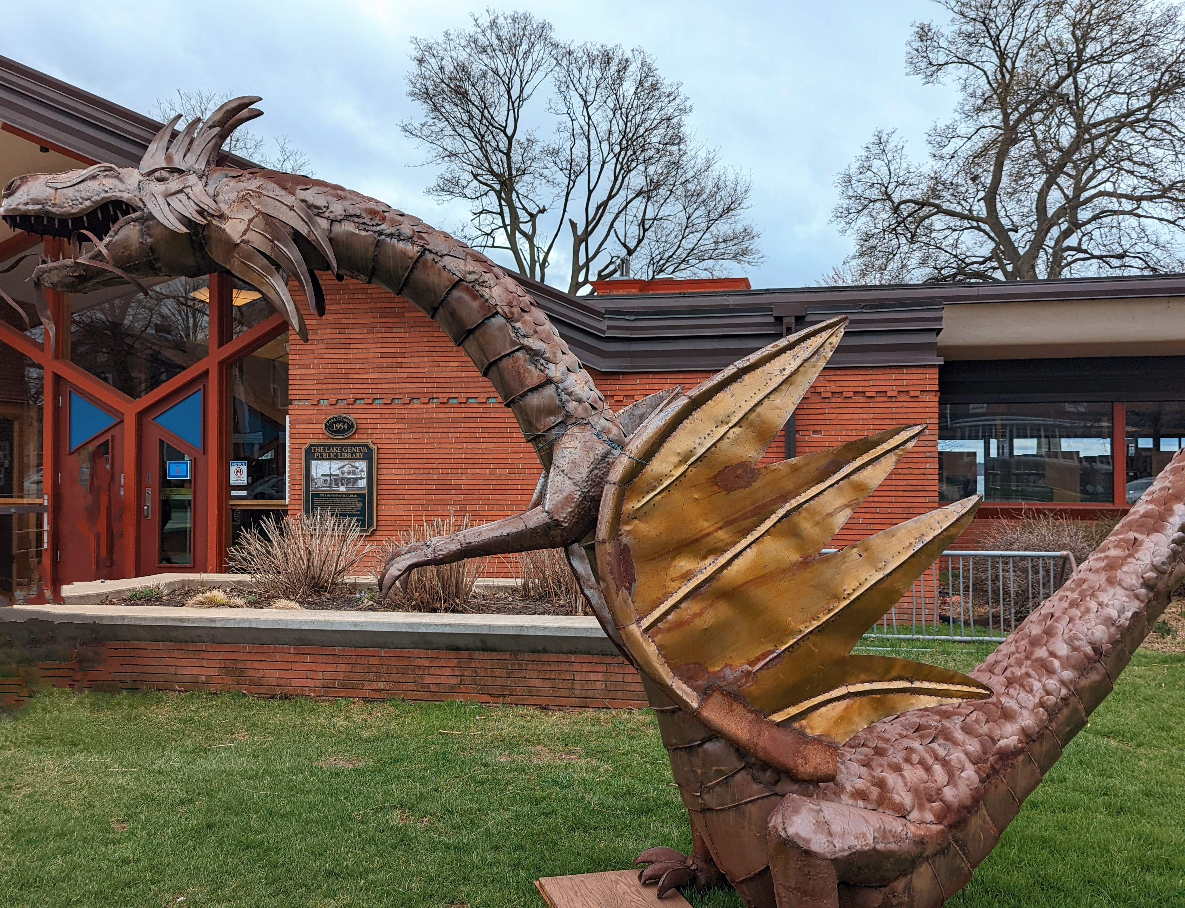 Dragon sculpture in front of the Lake Geneva Library in Library Park.